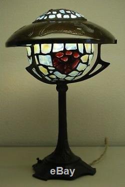Antique Art Nouveau Deco Austrian French Bronze Jeweled Glass Arts Crafts Lamp