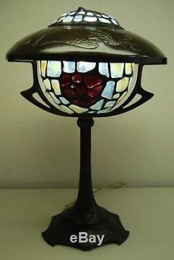 Antique Art Nouveau Deco Austrian French Bronze Jeweled Glass Arts Crafts Lamp