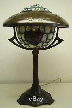 Antique Art Nouveau Deco Austrian French Bronze Jeweled Glass Arts Crafts Lamp