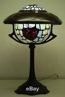 Antique Art Nouveau Deco Austrian French Bronze Jeweled Glass Arts Crafts Lamp