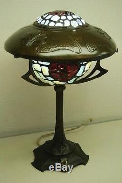 Antique Art Nouveau Deco Austrian French Bronze Jeweled Glass Arts Crafts Lamp