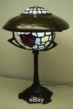 Antique Art Nouveau Deco Austrian French Bronze Jeweled Glass Arts Crafts Lamp