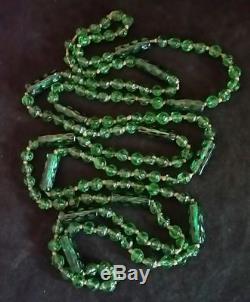 Antique Art Nouveau Deco Emerald Green Glass Beads Opera Flapper Necklace 56