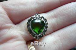 Antique Art Nouveau Deco Paste Emerald Green Jewel Sterling Heart Pendant Glass
