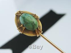Antique Art Nouveau Deco era 14K Yellow Gold Green Agate Cabochon Tie Stick Pin