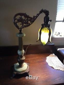 Antique Art Nouveau Dragon Bridge Arm Table Lamp Green Slag Glass Tulip Shade