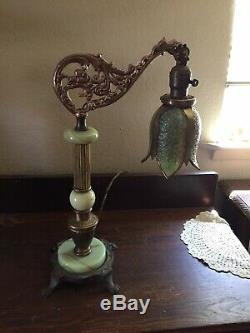 Antique Art Nouveau Dragon Bridge Arm Table Lamp Green Slag Glass Tulip Shade