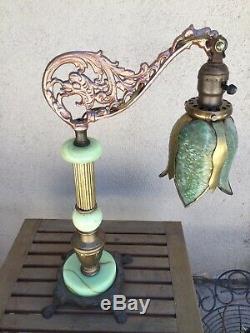 Antique Art Nouveau Dragon Bridge Arm Table Lamp Green Slag Glass Tulip Shade