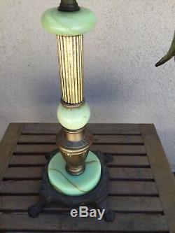 Antique Art Nouveau Dragon Bridge Arm Table Lamp Green Slag Glass Tulip Shade