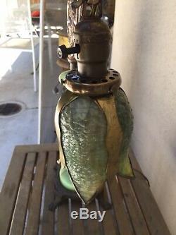 Antique Art Nouveau Dragon Bridge Arm Table Lamp Green Slag Glass Tulip Shade