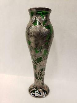 Antique Art Nouveau Emerald Green Glass Vase Silver Floral Overlay Alvin