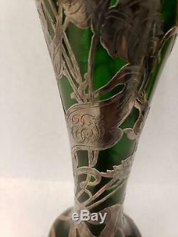 Antique Art Nouveau Emerald Green Glass Vase Silver Floral Overlay Alvin
