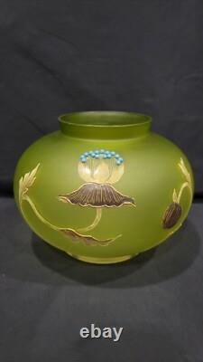 Antique Art Nouveau Enameled Frosted Green Glass Vase