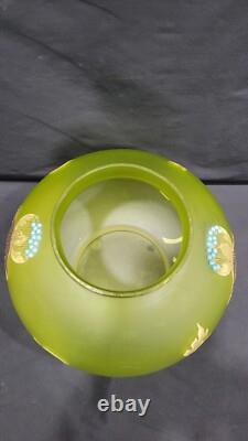 Antique Art Nouveau Enameled Frosted Green Glass Vase