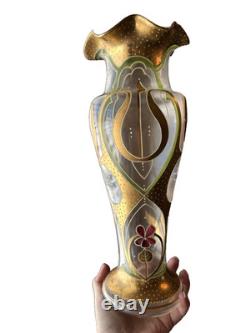 Antique Art Nouveau Enameled Glass Vase Green Gold 13 Mont Joye Harrach