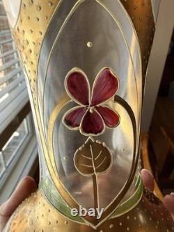 Antique Art Nouveau Enameled Glass Vase Green Gold 13 Mont Joye Harrach