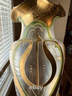 Antique Art Nouveau Enameled Glass Vase Green Gold 13 Mont Joye Harrach