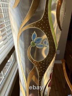 Antique Art Nouveau Enameled Glass Vase Green Gold 13 Mont Joye Harrach