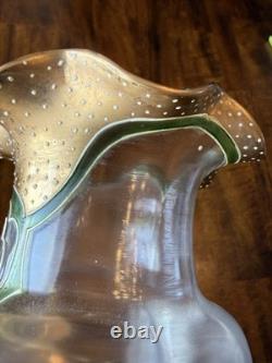 Antique Art Nouveau Enameled Glass Vase Green Gold 13 Mont Joye Harrach