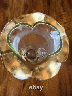 Antique Art Nouveau Enameled Glass Vase Green Gold 13 Mont Joye Harrach