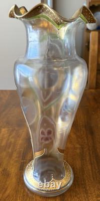 Antique Art Nouveau Enameled Glass Vase Green Gold 13 Mont Joye Harrach