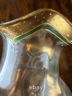 Antique Art Nouveau Enameled Glass Vase Green Gold 13 Mont Joye Harrach