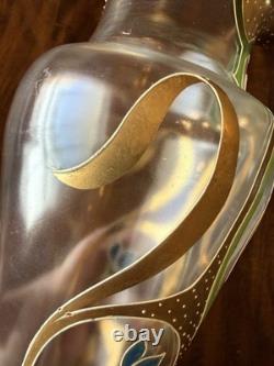 Antique Art Nouveau Enameled Glass Vase Green Gold 13 Mont Joye Harrach
