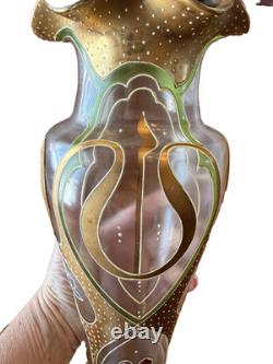 Antique Art Nouveau Enameled Glass Vase Green Gold 13 Mont Joye Harrach