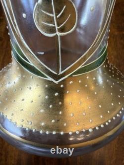 Antique Art Nouveau Enameled Glass Vase Green Gold 13 Mont Joye Harrach