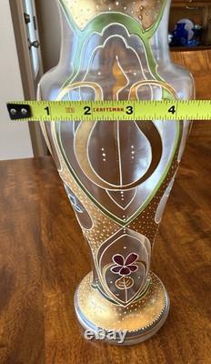 Antique Art Nouveau Enameled Glass Vase Green Gold 13 Mont Joye Harrach