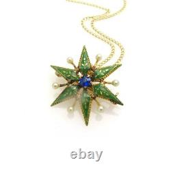 Antique Art Nouveau Enameled Star Sapphire Natural Pearls Pin Brooch Necklace