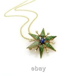 Antique Art Nouveau Enameled Star Sapphire Natural Pearls Pin Brooch Necklace