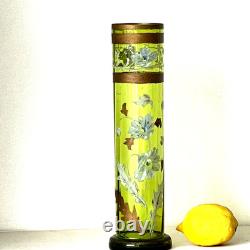 Antique Art Nouveau Enameled Tall Green Glass Vase Attributed To Legrass C 1890
