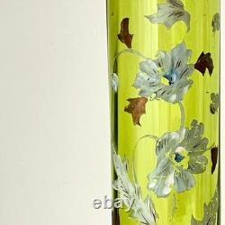 Antique Art Nouveau Enameled Tall Green Glass Vase Attributed To Legrass C 1890