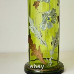 Antique Art Nouveau Enameled Tall Green Glass Vase Attributed To Legrass C 1890