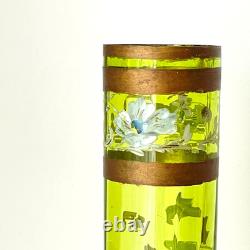Antique Art Nouveau Enameled Tall Green Glass Vase Attributed To Legrass C 1890
