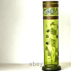 Antique Art Nouveau Enameled Tall Green Glass Vase Attributed To Legrass C 1890