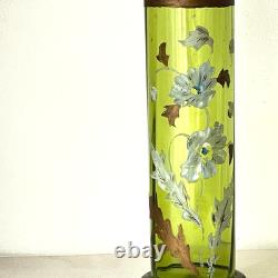 Antique Art Nouveau Enameled Tall Green Glass Vase Attributed To Legrass C 1890