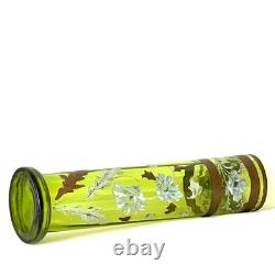 Antique Art Nouveau Enameled Tall Green Glass Vase Attributed To Legrass C 1890