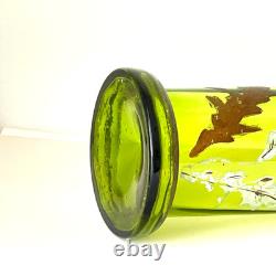 Antique Art Nouveau Enameled Tall Green Glass Vase Attributed To Legrass C 1890