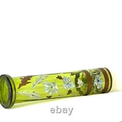 Antique Art Nouveau Enameled Tall Green Glass Vase Attributed To Legrass C 1890