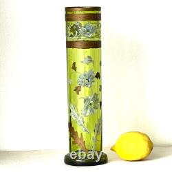 Antique Art Nouveau Enameled Tall Green Glass Vase Attributed To Legrass C 1890