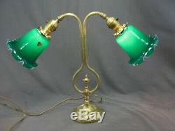 Antique Art Nouveau Era Double Socket Arm Lamp Cased Green Glass Shades Vianne