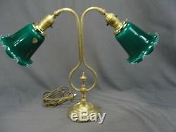 Antique Art Nouveau Era Double Socket Arm Lamp Cased Green Glass Shades Vianne