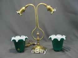 Antique Art Nouveau Era Double Socket Arm Lamp Cased Green Glass Shades Vianne