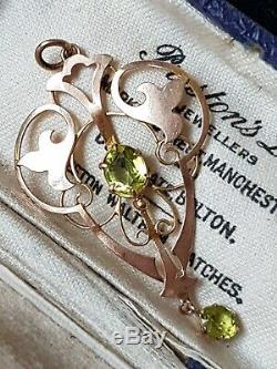 Antique Art Nouveau Filigree Green Peridot Lavalier Pendant 9ct Gold 44mm
