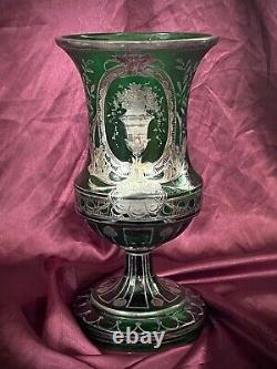 Antique Art Nouveau French Art Glass Green Vase Silver Overlay Floral