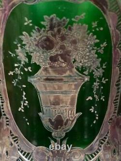 Antique Art Nouveau French Art Glass Green Vase Silver Overlay Floral