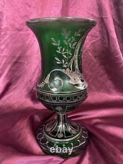 Antique Art Nouveau French Art Glass Green Vase Silver Overlay Floral