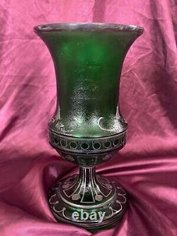 Antique Art Nouveau French Art Glass Green Vase Silver Overlay Floral